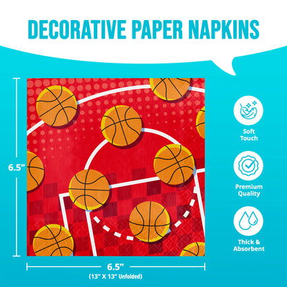 Decorative paper napkins with basketball design on a red background, featuring dimensions and quality attributes.