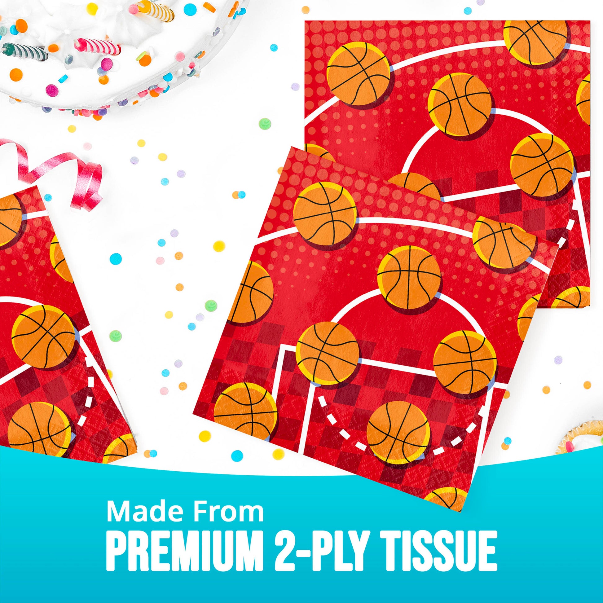 Basketball-themed tissue paper napkin with colorful confetti and ribbons on a white background.