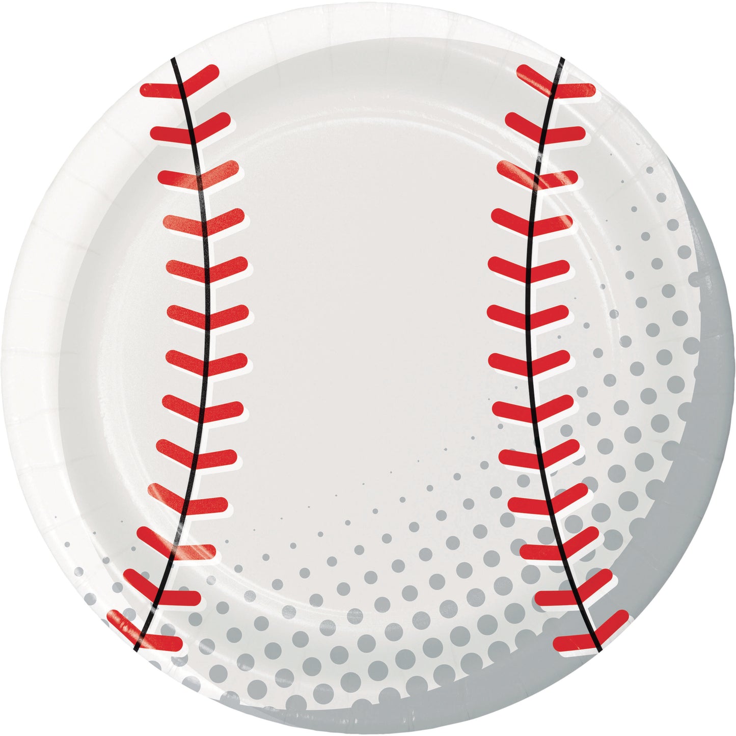 Baseball design plate with red stitching on a white background