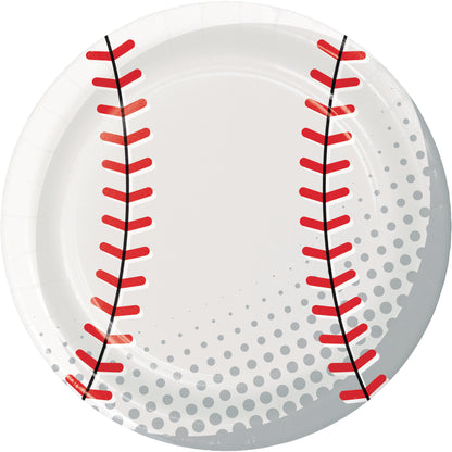 Baseball design plate with red stitching on a white background