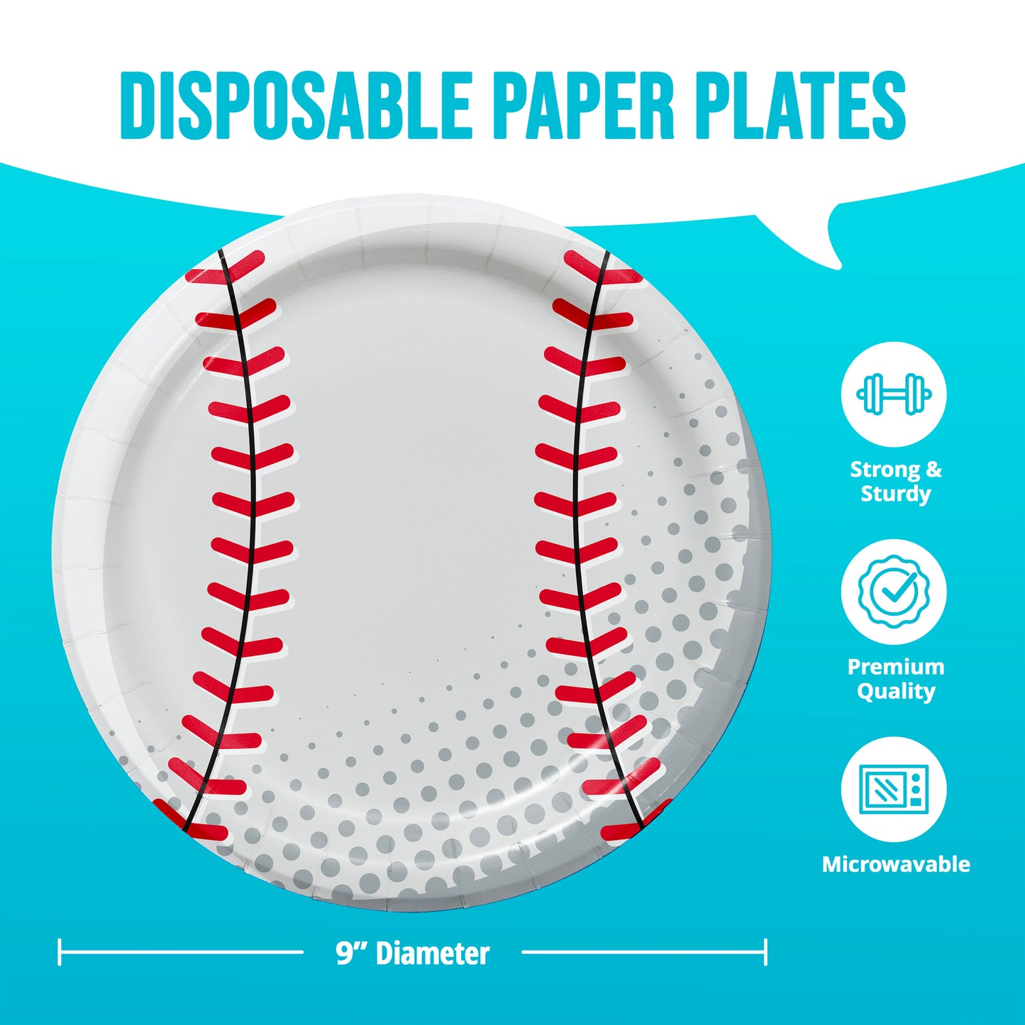 Disposable paper plate with baseball design on a blue background with infographics and dimensions