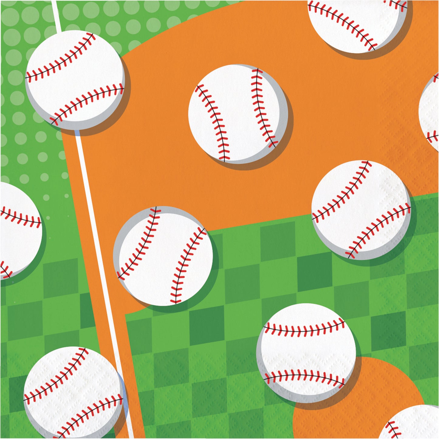 Napkin featuring baseballs on a colorful baseball field background