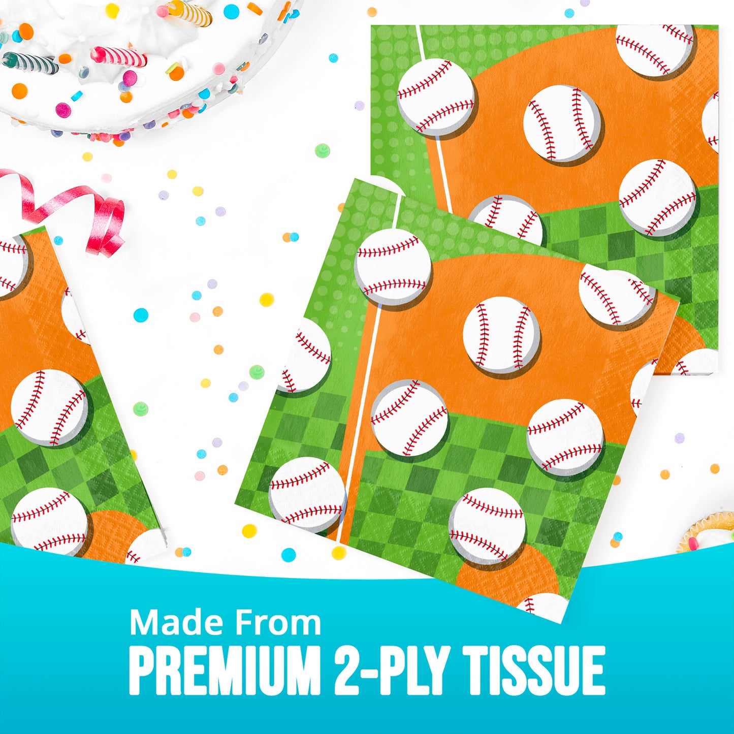 Baseball-themed tissue paper napkin with colorful confetti and text indicating premium 2-ply quality.