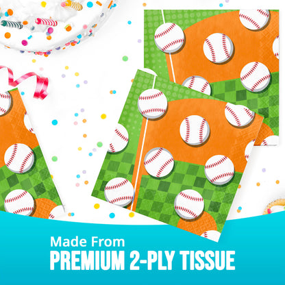 Baseball-themed tissue paper napkin with colorful confetti and text indicating premium 2-ply quality.