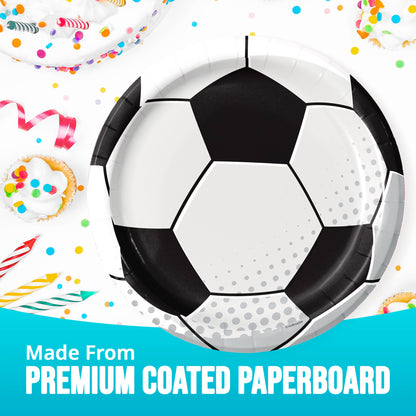Soccer ball-shaped paper plate with colorful confetti and party decorations in the background.
