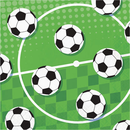 Napkin with pattern of soccer balls on a soccer field with a green background and white lines