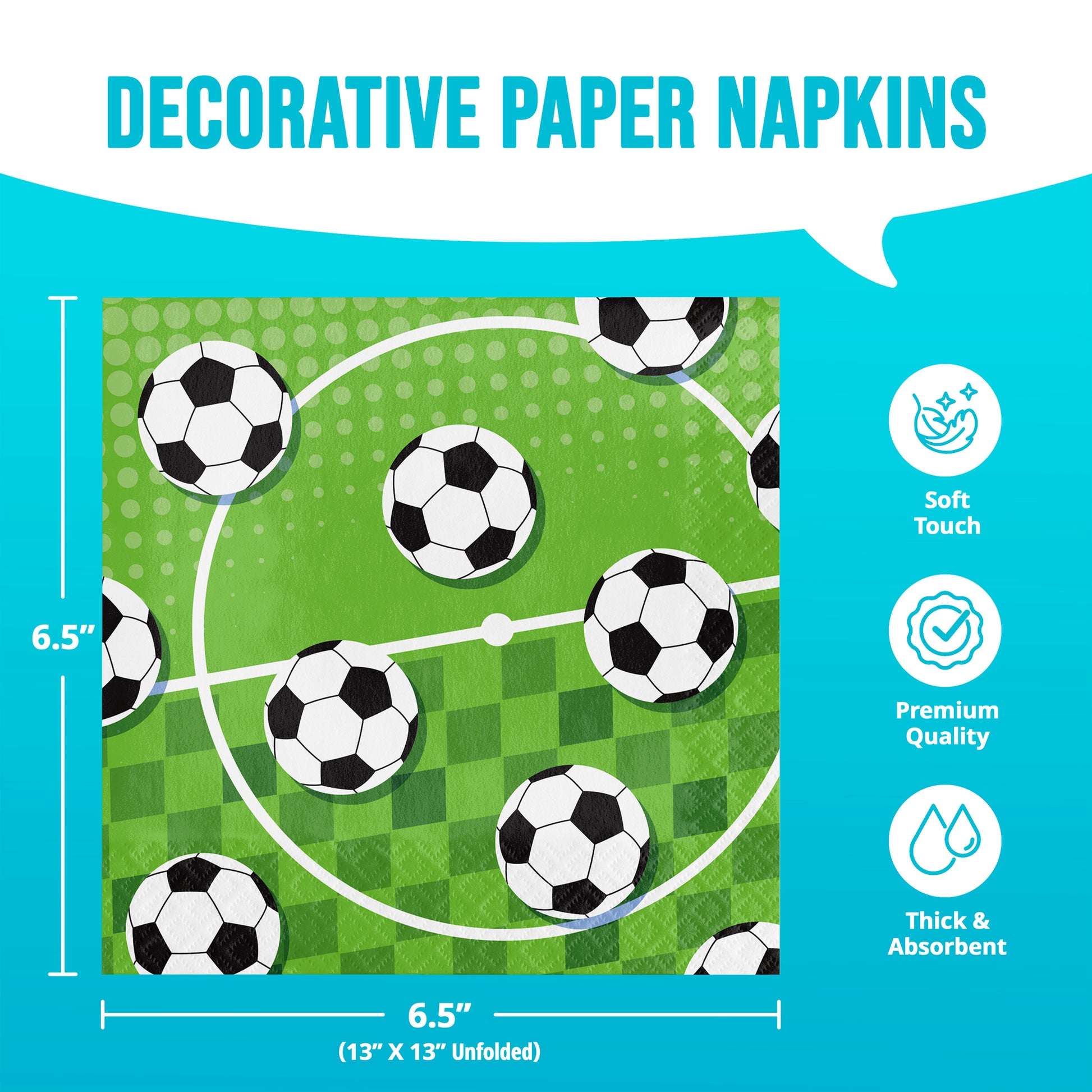 Decorative paper napkins with soccer ball design on a green field, featuring product details and specifications.