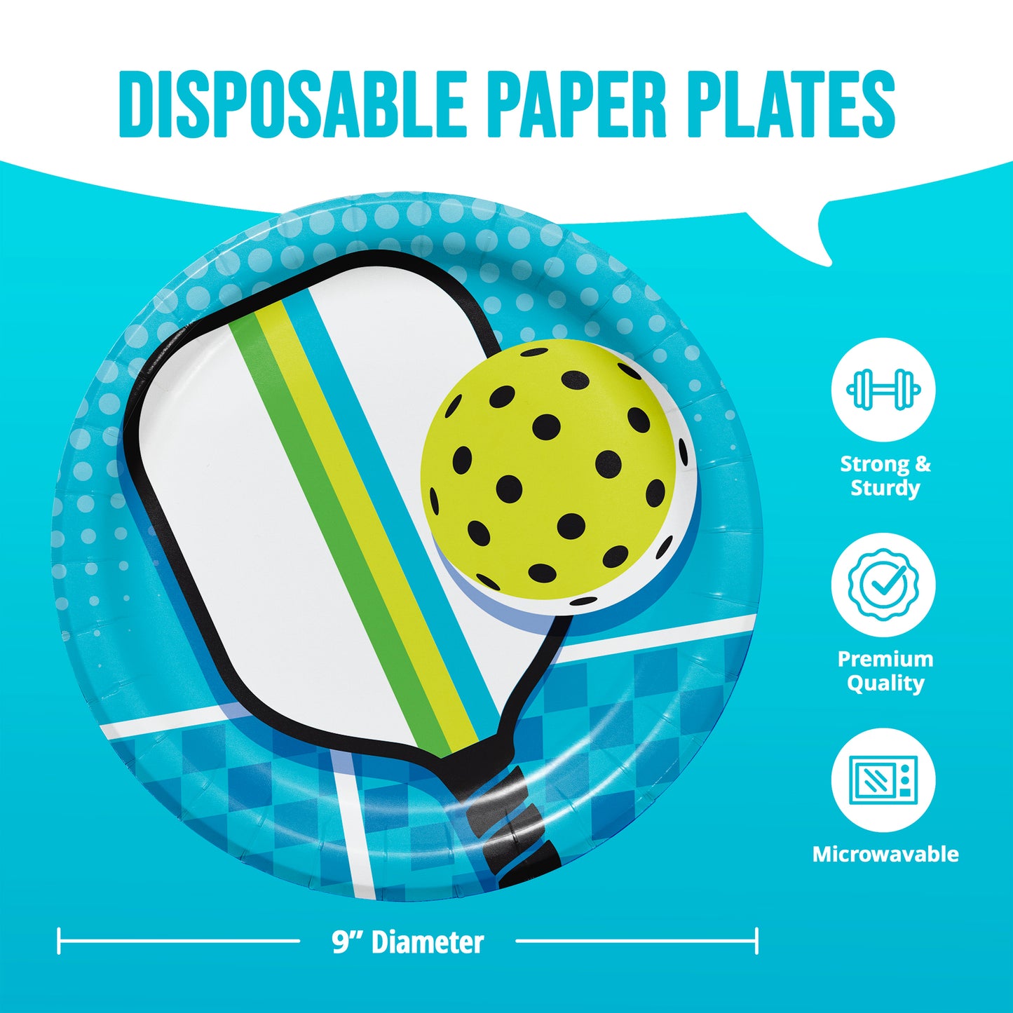 Disposable paper plate with pickleball design on a blue background, featuring icons for strength, quality, and microwavability.