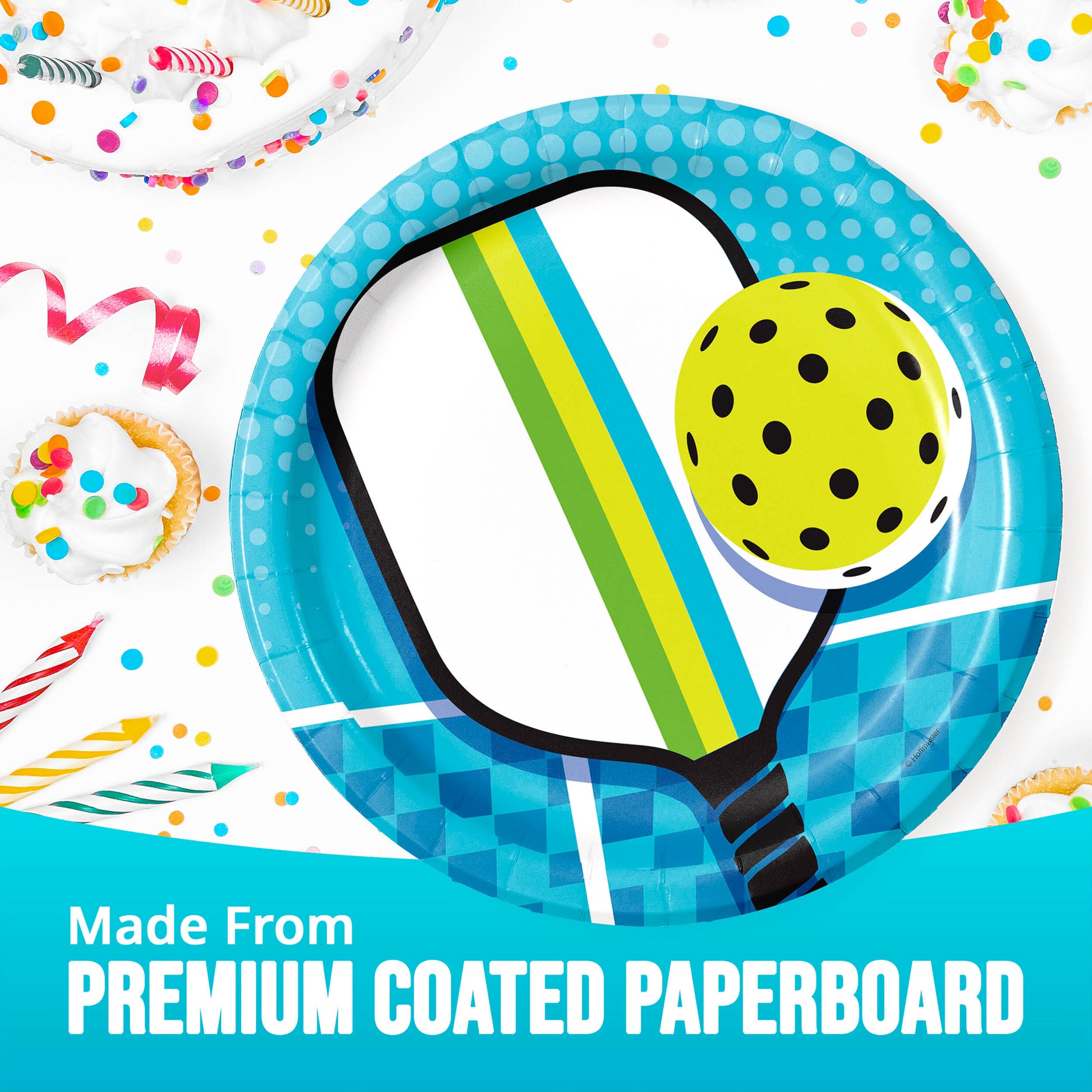 Party plate with pickleball design on a colorful background