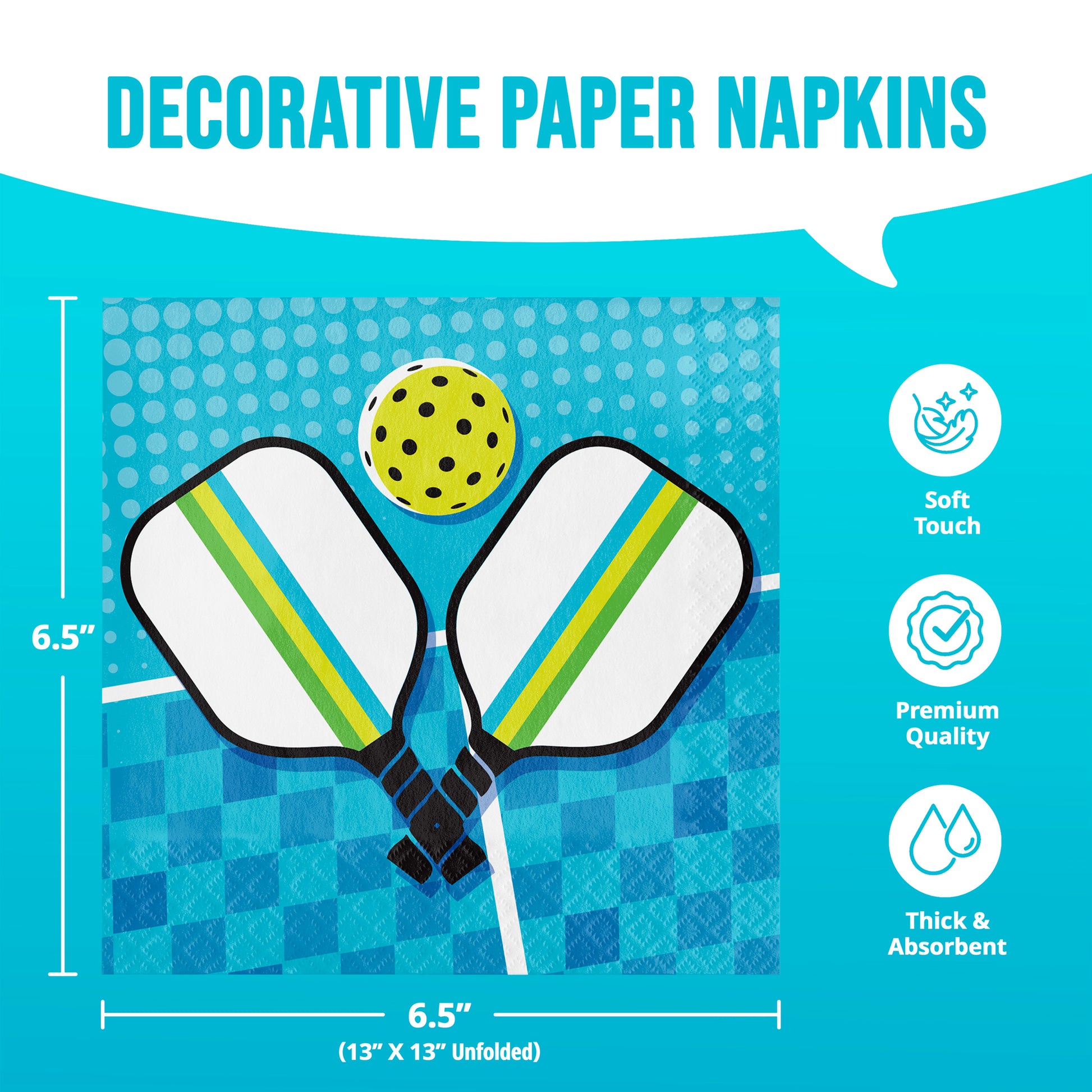 Decorative paper napkins with pickleball design on a blue background with dimensions and infographics