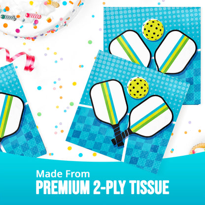 Pickleball-themed paper napkins with premium 2-ply tissue text on a colorful background.