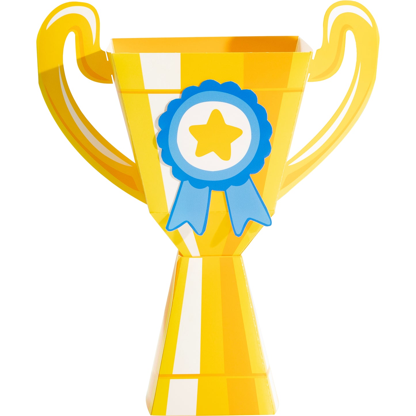 Yellow trophy centerpiece with a blue ribbon featuring a star on a white background