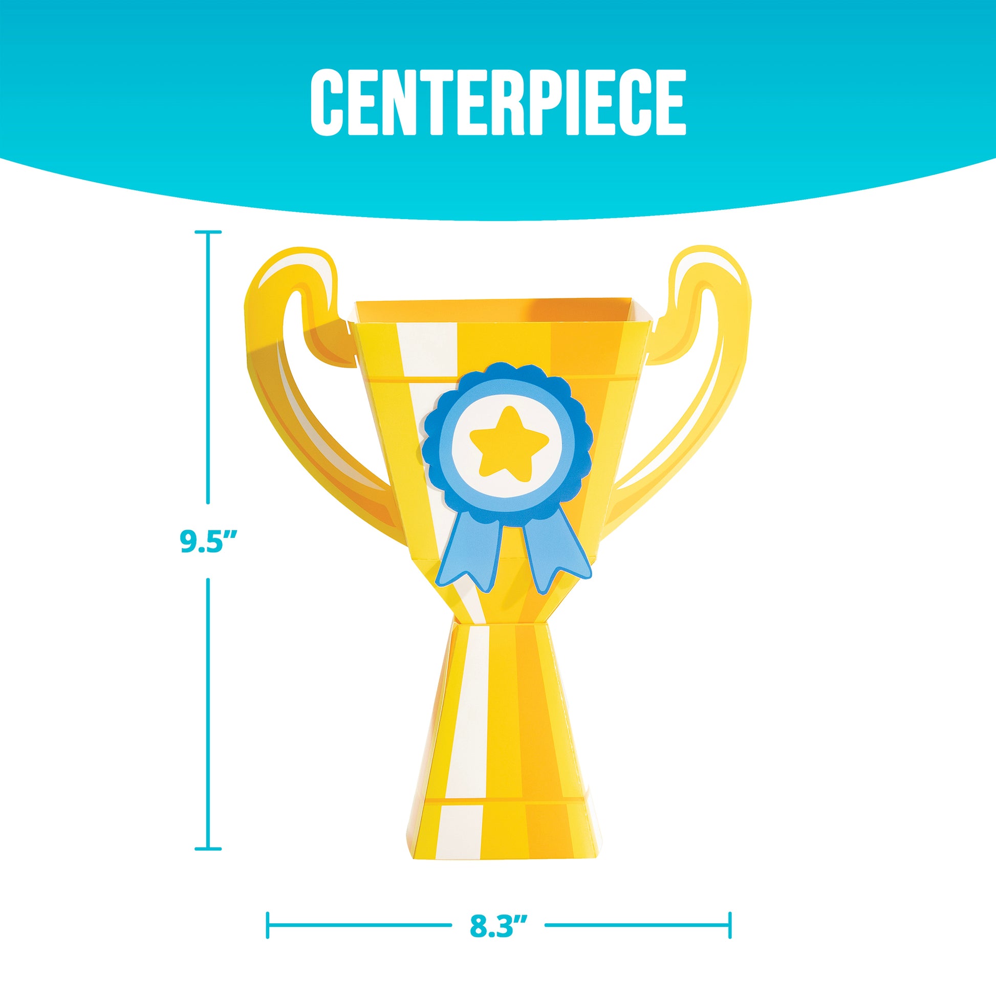 Yellow trophy-shaped centerpiece with a blue ribbon and star, labeled 'Centerpiece' with measurements on a blue and white background.