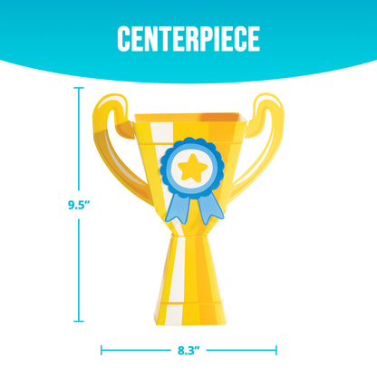Yellow trophy-shaped centerpiece with a blue ribbon and star, labeled 'Centerpiece' with measurements on a blue and white background.
