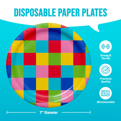 Colorful checkered disposable paper plate with product features and dimensions on a blue background