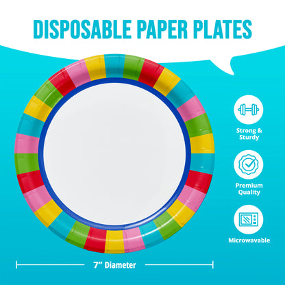 Colorful disposable paper plates with product features and dimensions on a blue background