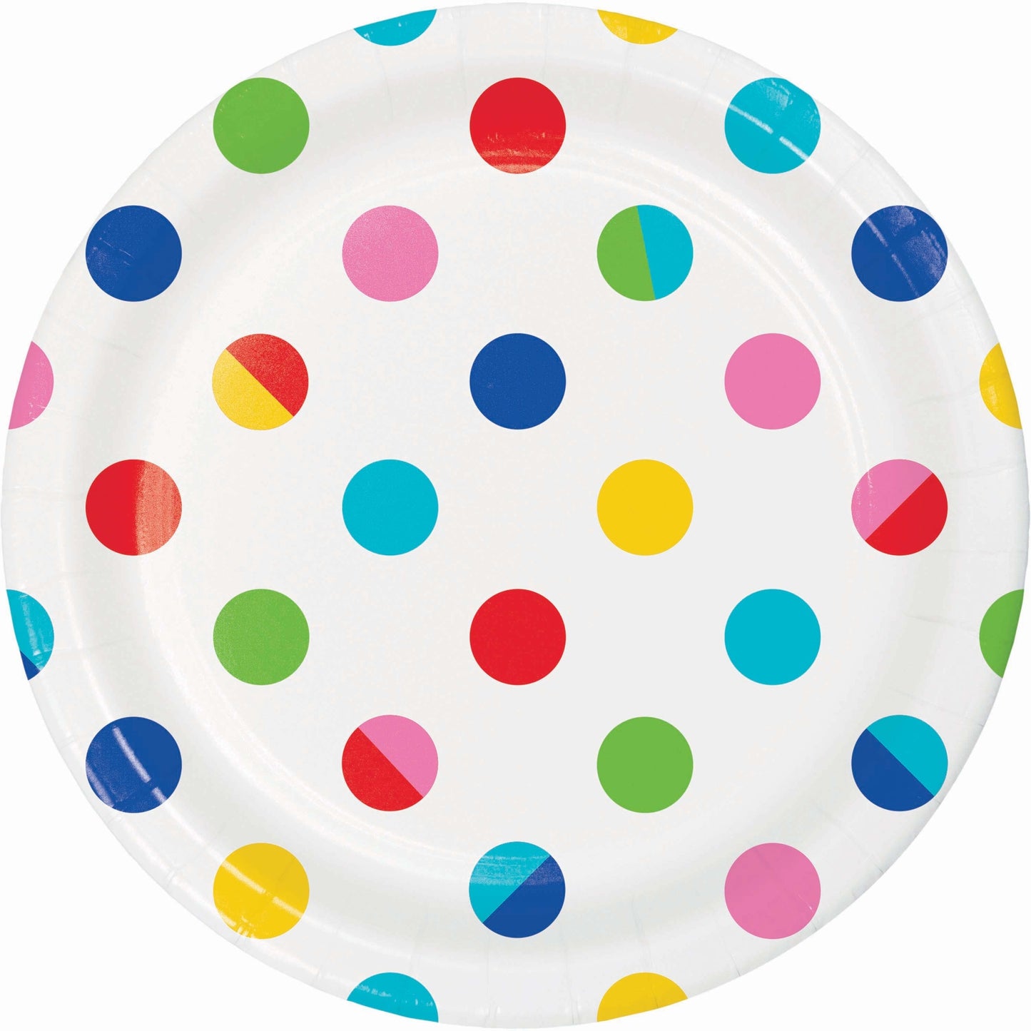 Polka dot paper plate with colorful dots on a white background