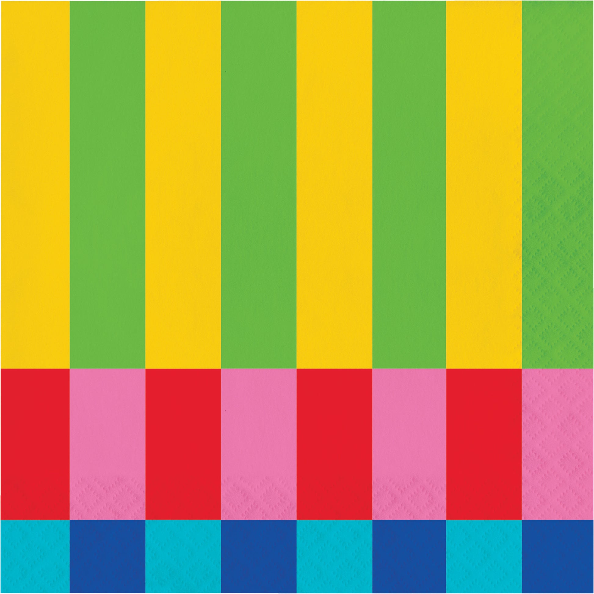 Colorful striped napkin with vertical green and yellow stripes, horizontal red and pink stripes, and diagonal blue and turquoise stripes.