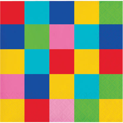 Colorful checkered napkin with squares in red, blue, yellow, green, and pink.