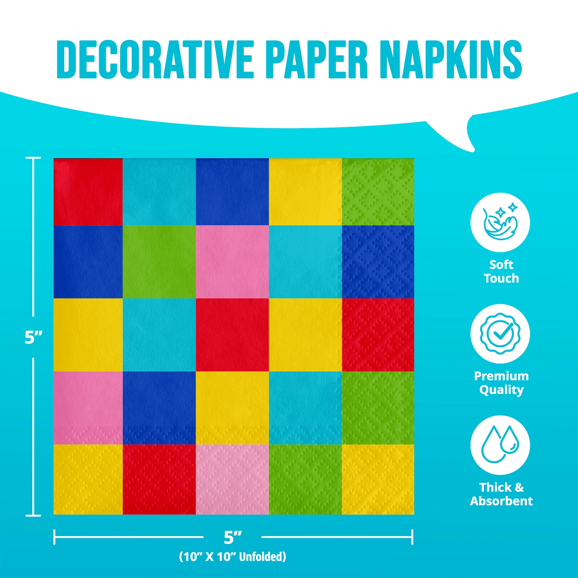Colorful checkered paper napkins with dimensions and quality features on a blue background