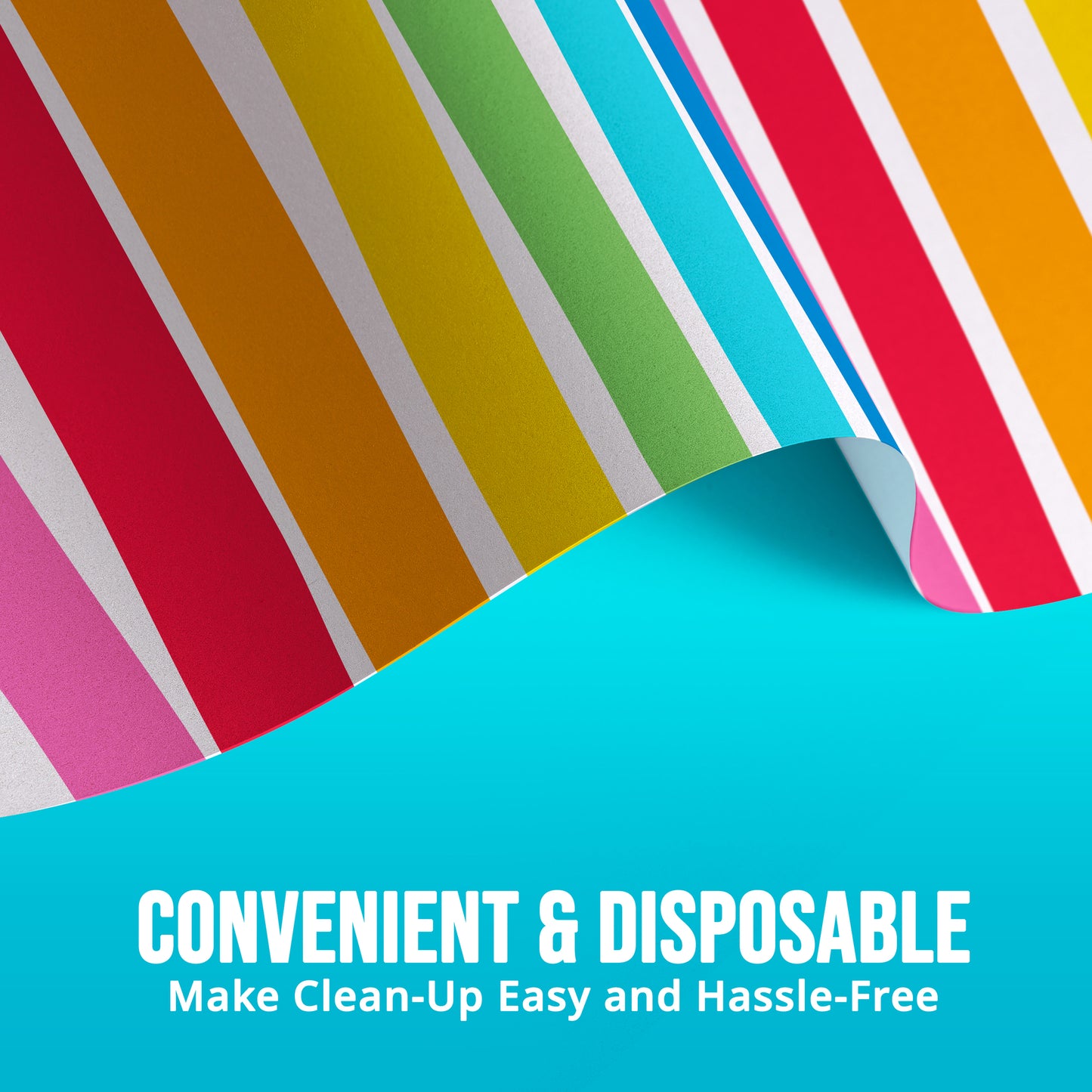 Colorful striped paper tablecloth with a blue background and text about convenience and disposability.