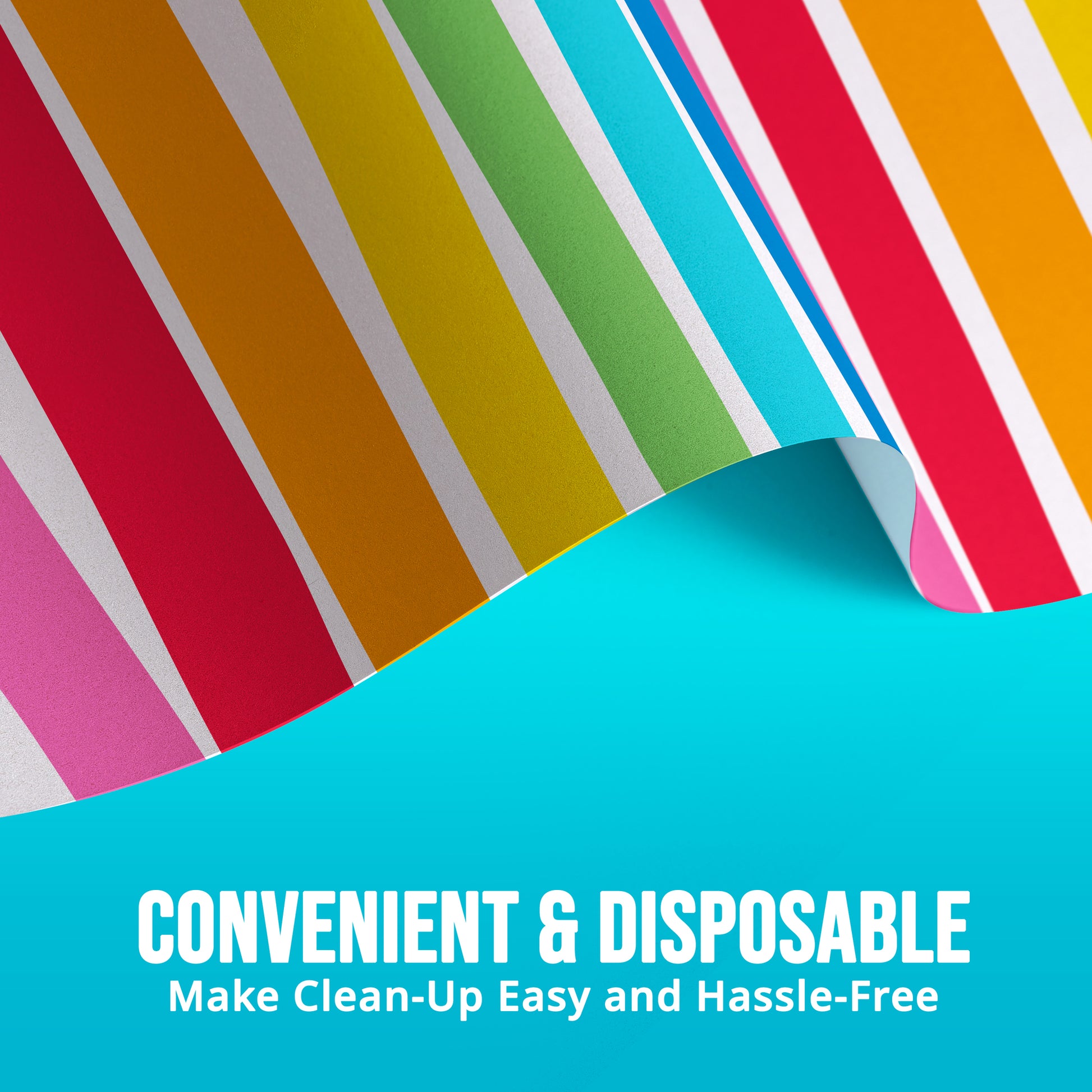 Colorful striped paper tablecloth with a blue background and text about convenience and disposability.