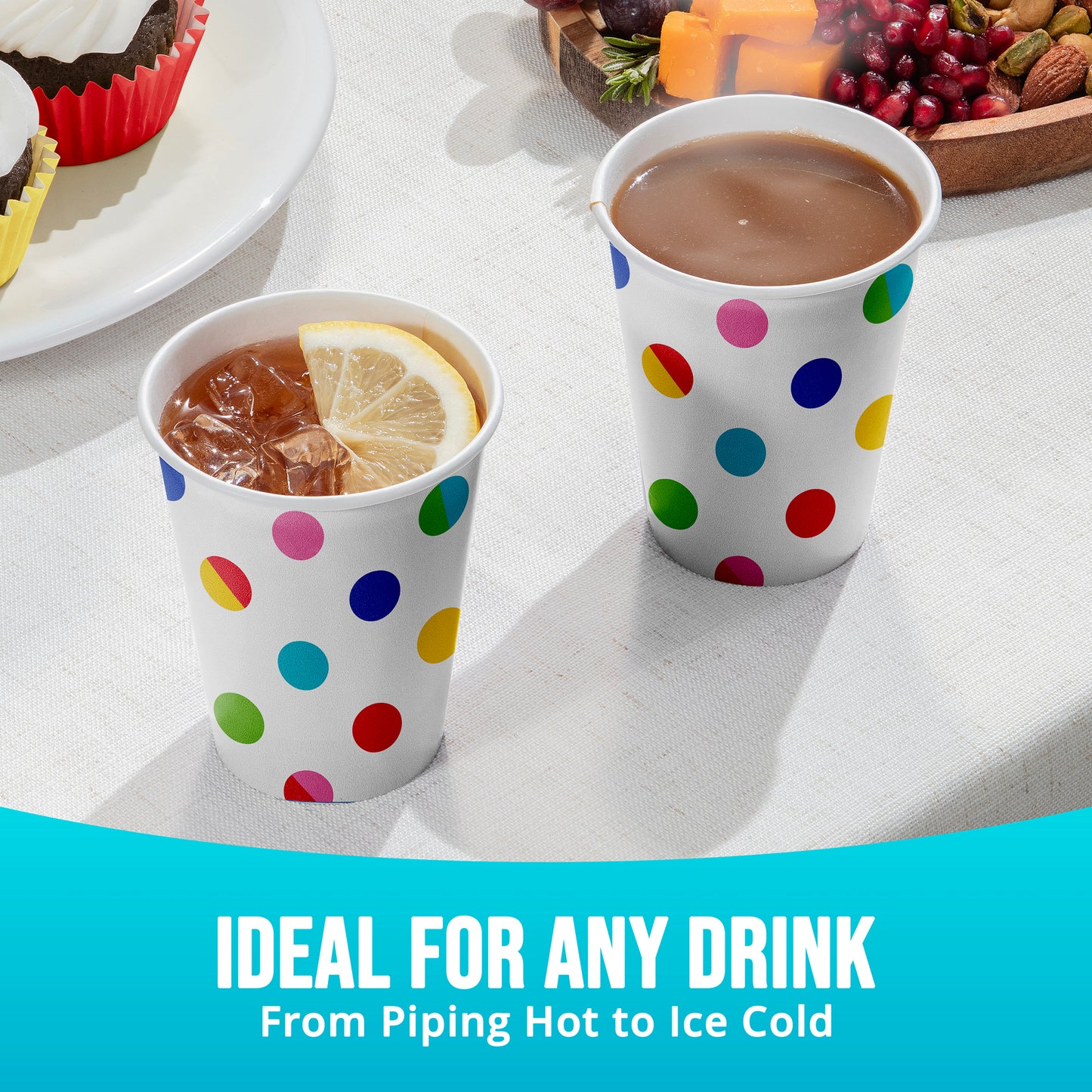 Two polka dot cups with drinks on a table with snacks, text 'Ideal for any drink'.
