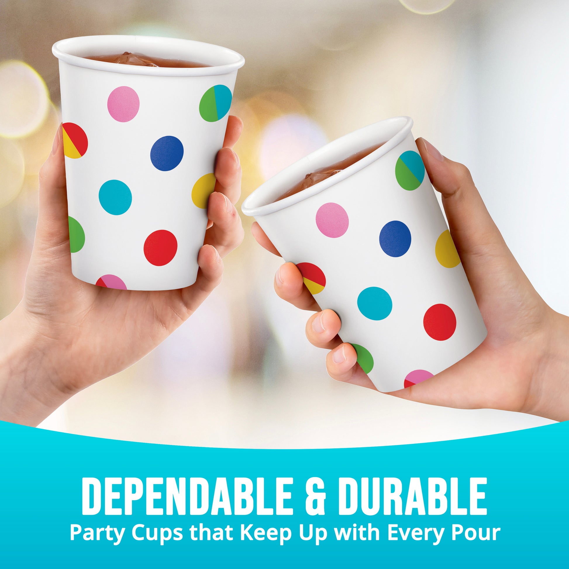 Two hands holding polka dot paper cups with a blurred background and text about dependability and durability.