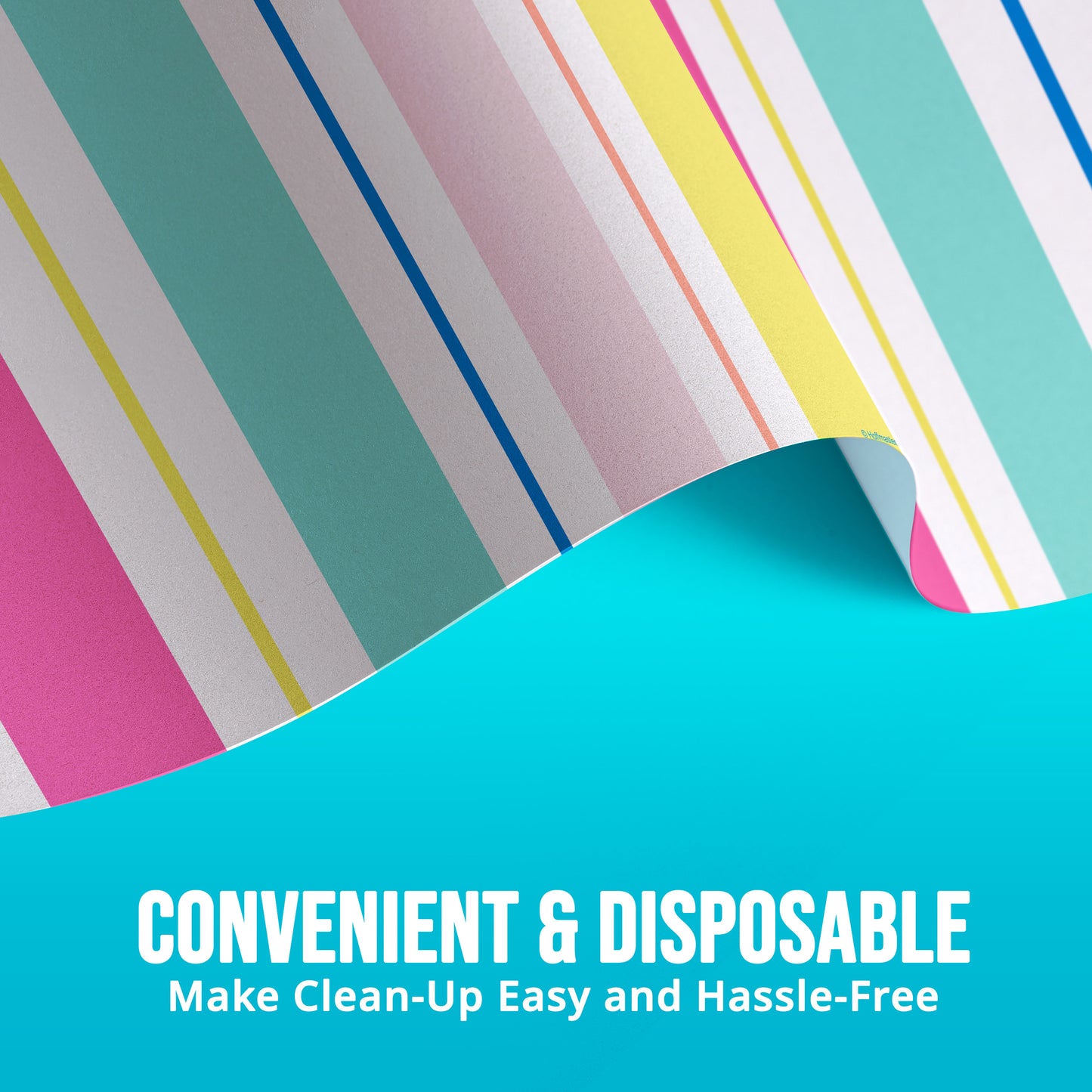 Colorful striped paper tablecloth with a blue background and text about convenience and disposability.