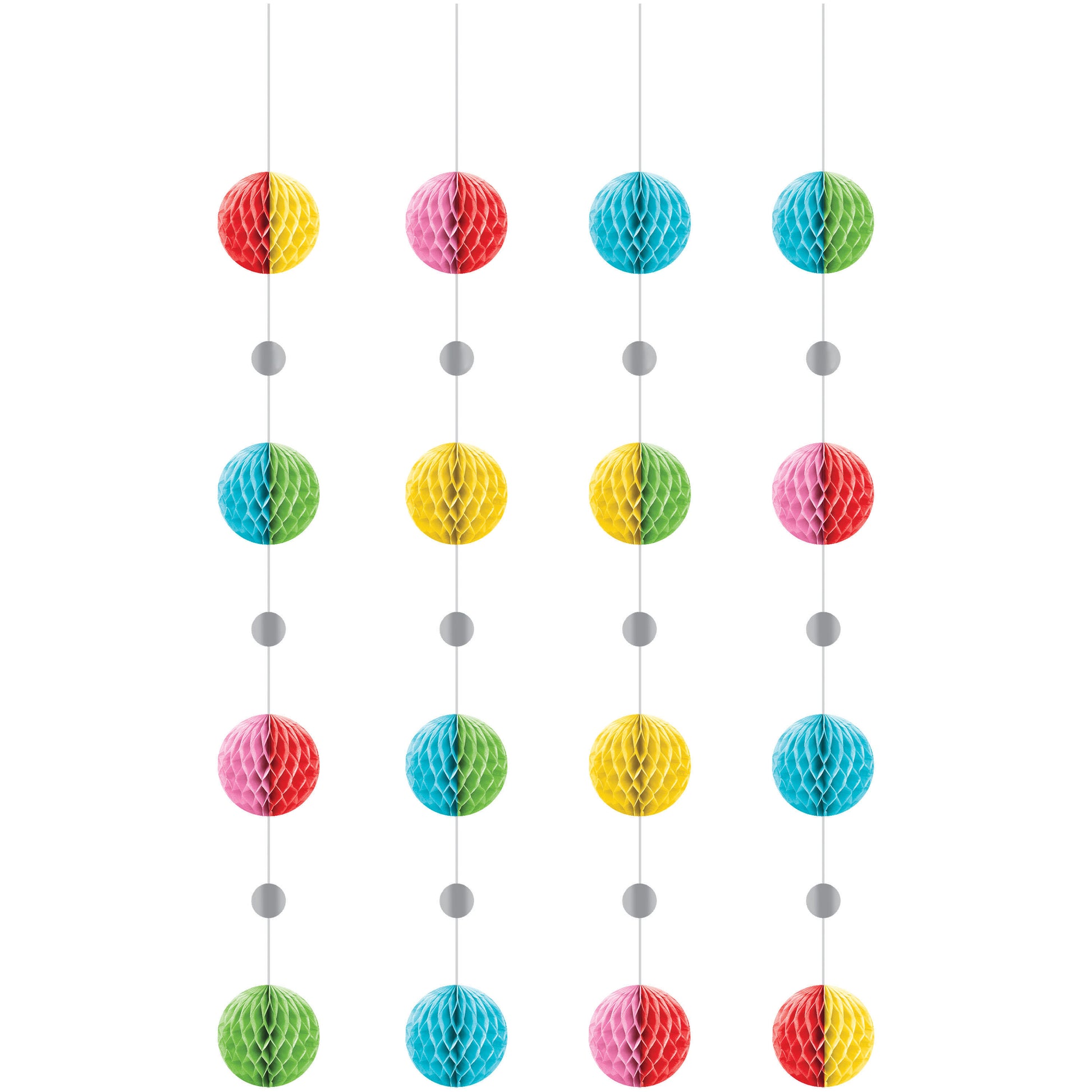 Colorful paper honeycomb balls hanging on strings against a white background
