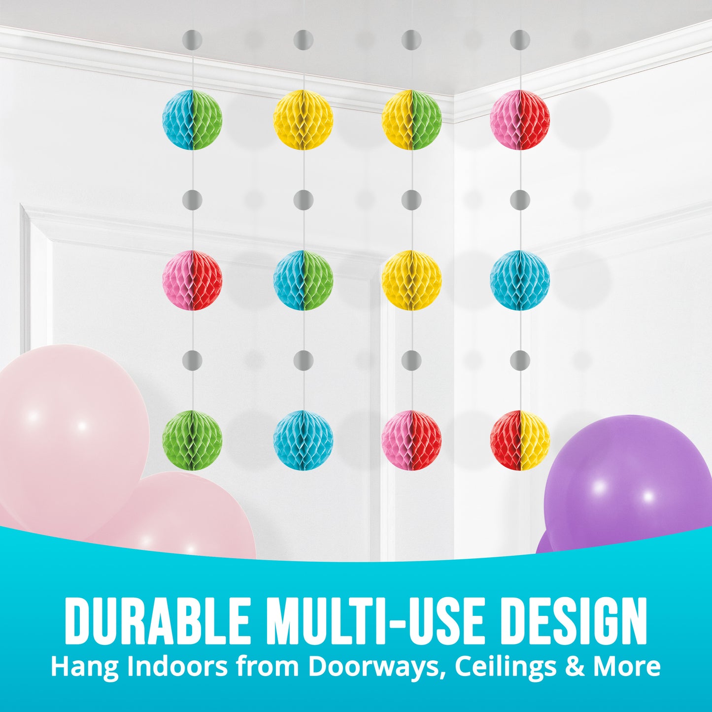 Colorful honeycomb hanging decorations with 'Durable Multi-Use Design" text