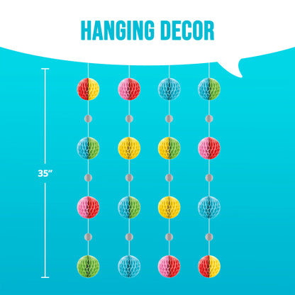 Colorful hanging honeycomb decor with a measurement label on a blue background