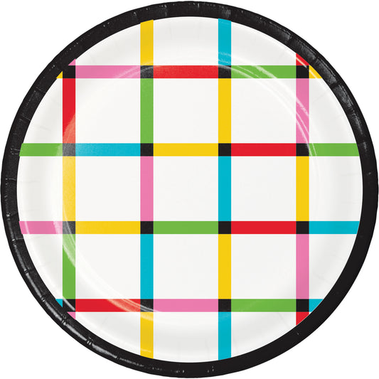 Round plate with a colorful checkered pattern and black trim on a white background