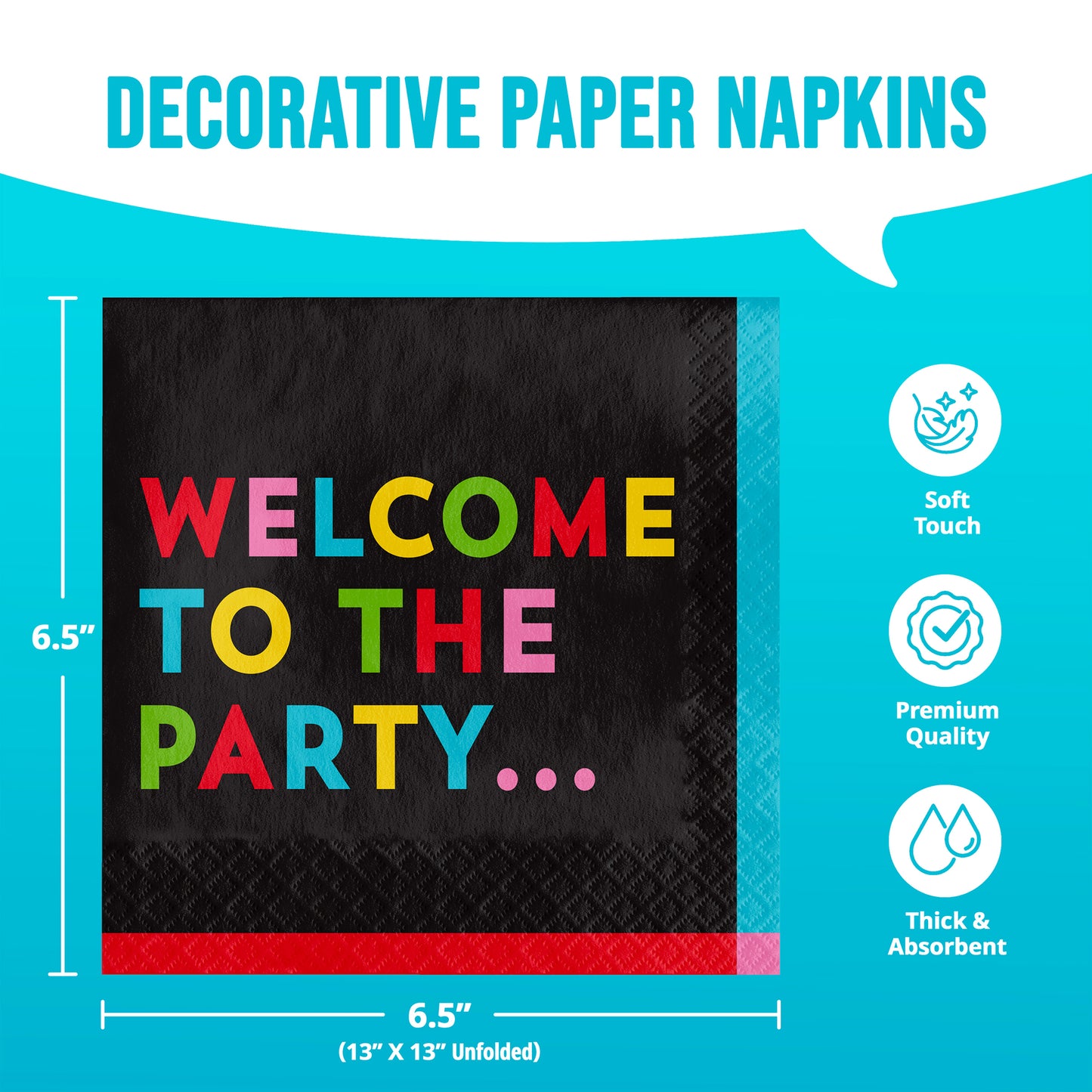 Decorative paper napkins with colorful text on a black background, displayed against a blue background.