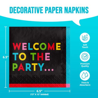 Decorative paper napkins with colorful text on a black background, displayed against a blue background.