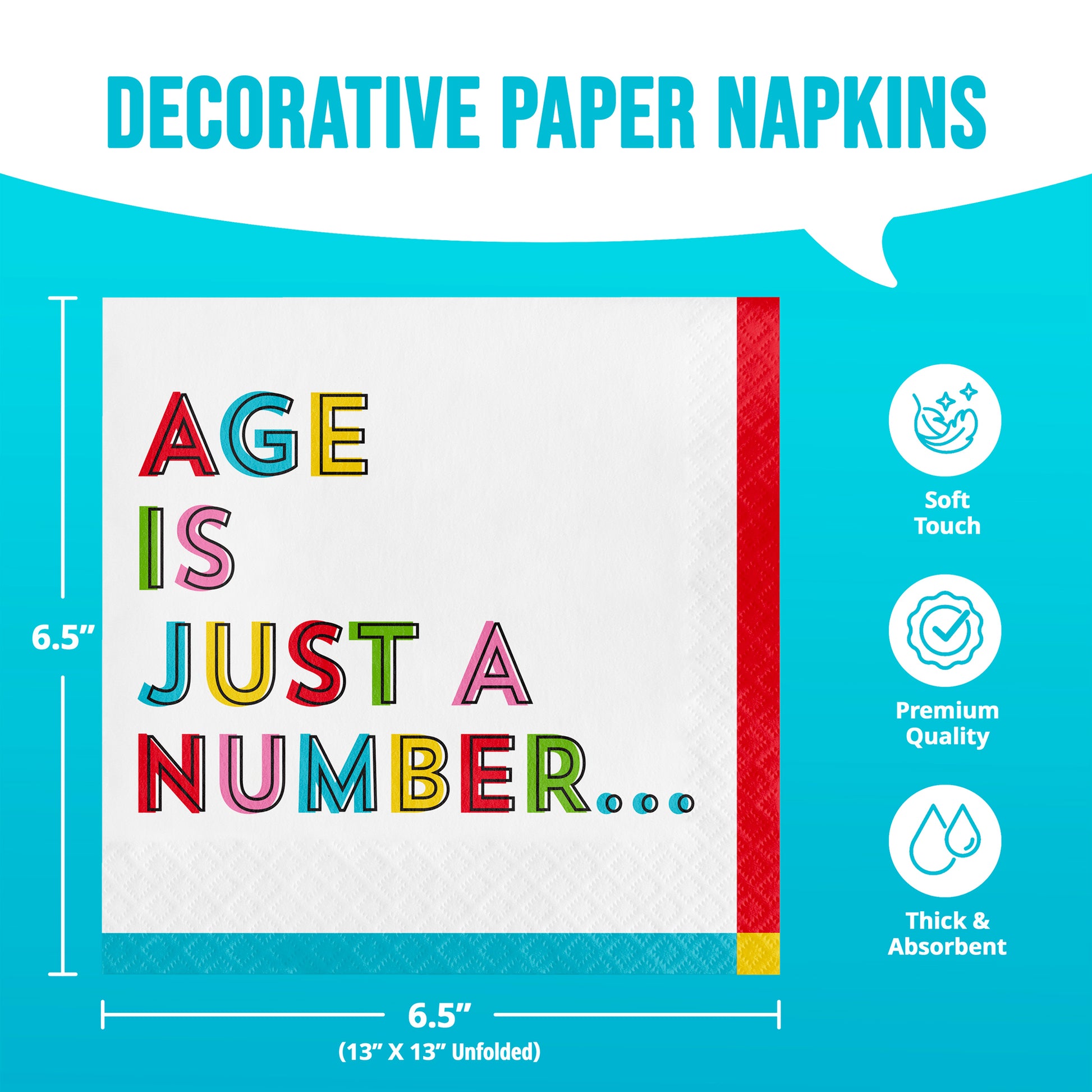 Decorative paper napkin with colorful text. Dimensions shown.