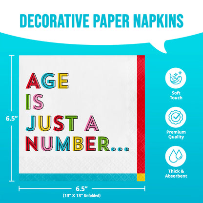 Decorative paper napkin with colorful text. Dimensions shown.