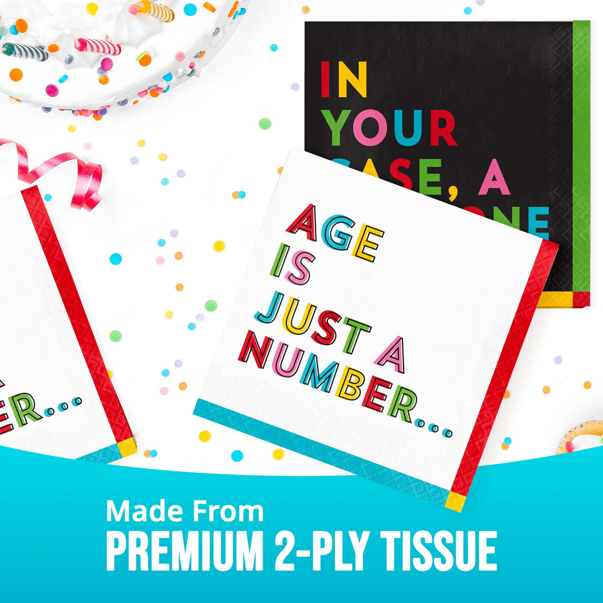 Colorful birthday cards with humorous text on a white background with confetti.