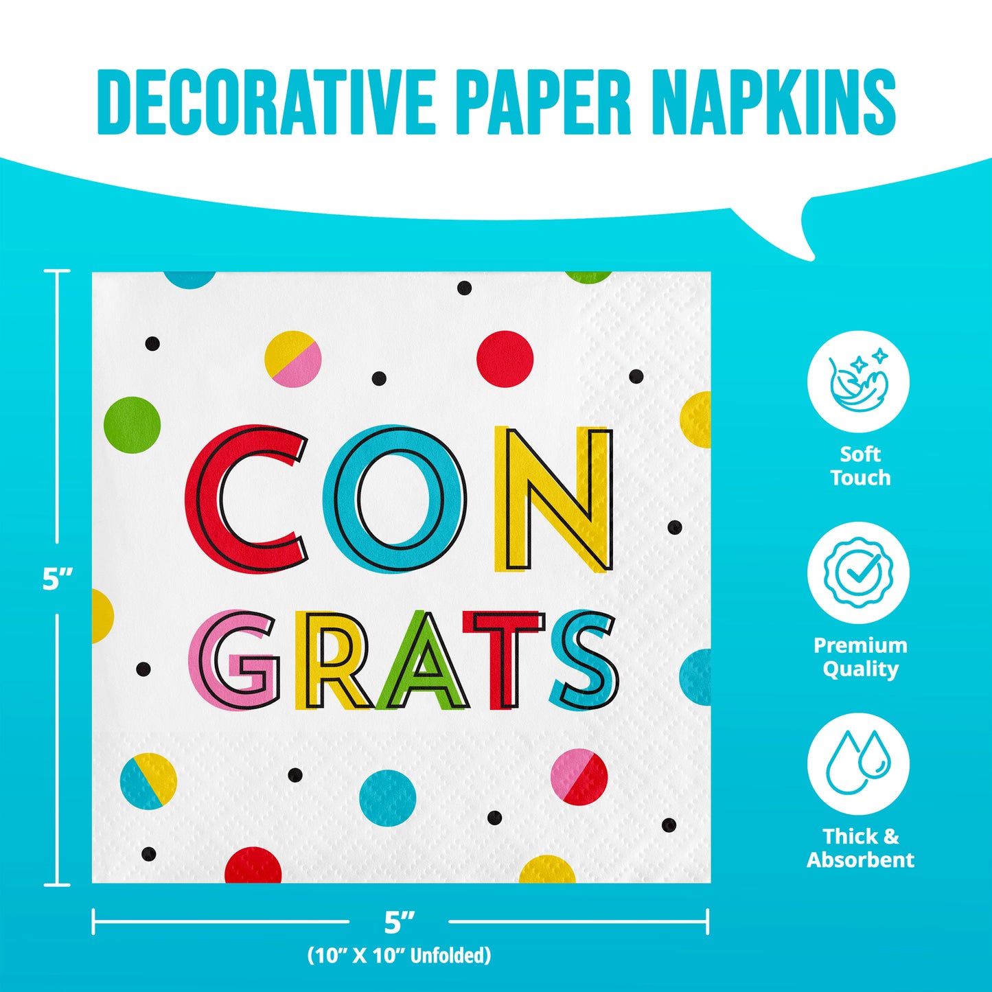 Decorative paper napkins with 'CONGRATS' text and colorful polka dots on a blue background. Measurements included.
