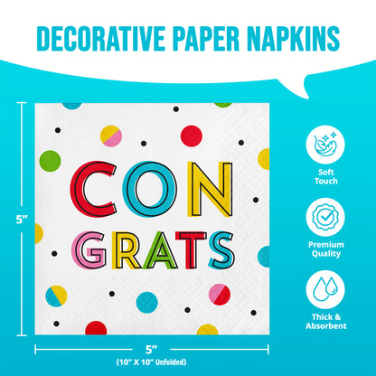 Decorative paper napkins with 'CONGRATS' text and colorful polka dots on a blue background. Measurements included.