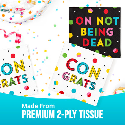 Colorful party-themed tissues with text and confetti on a white background with "Made from Premium 2-Ply Tissue" text