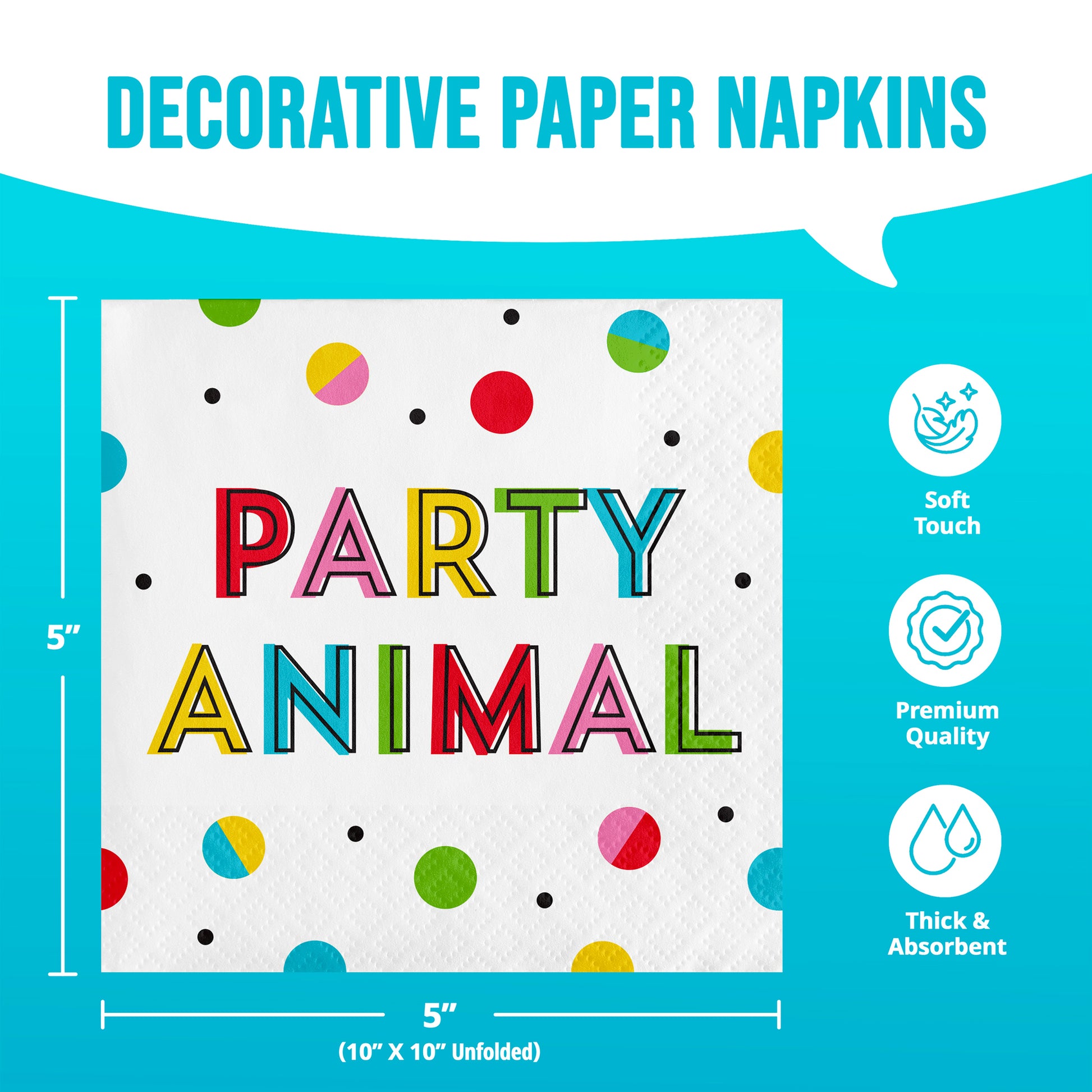 Decorative paper napkins with colorful text and polka dots on a blue background with dimensions shown.