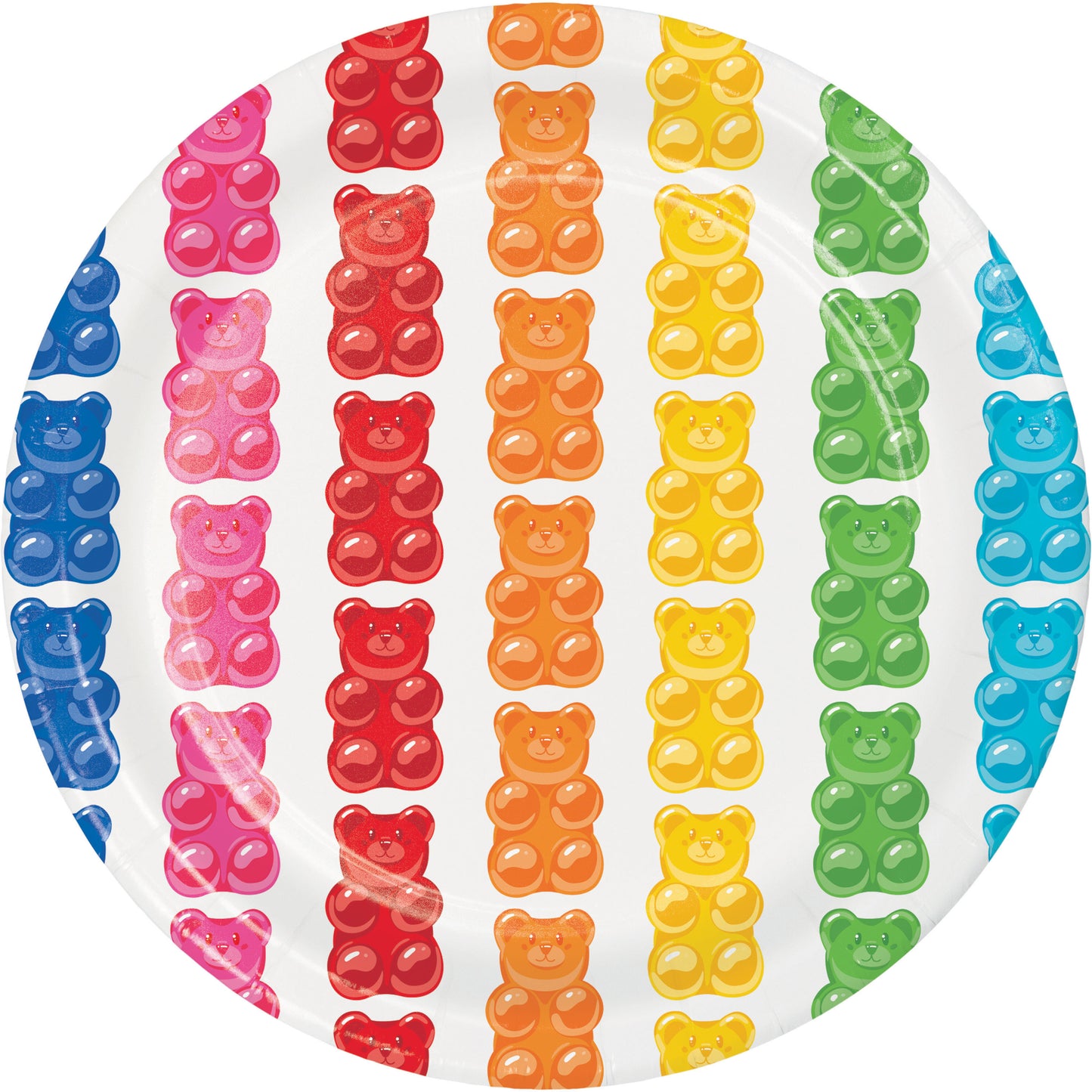 Colorful gummy bear-patterned plate with red, orange, yellow, green, and blue bears on a white background.