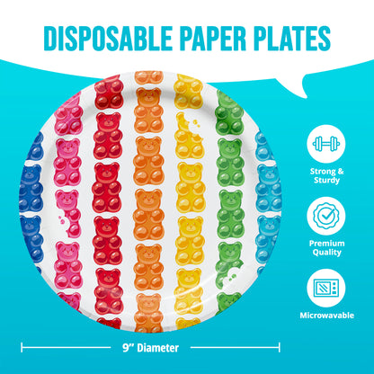 Disposable paper plates with gummy bear design on a blue background, featuring text and icons about product features.