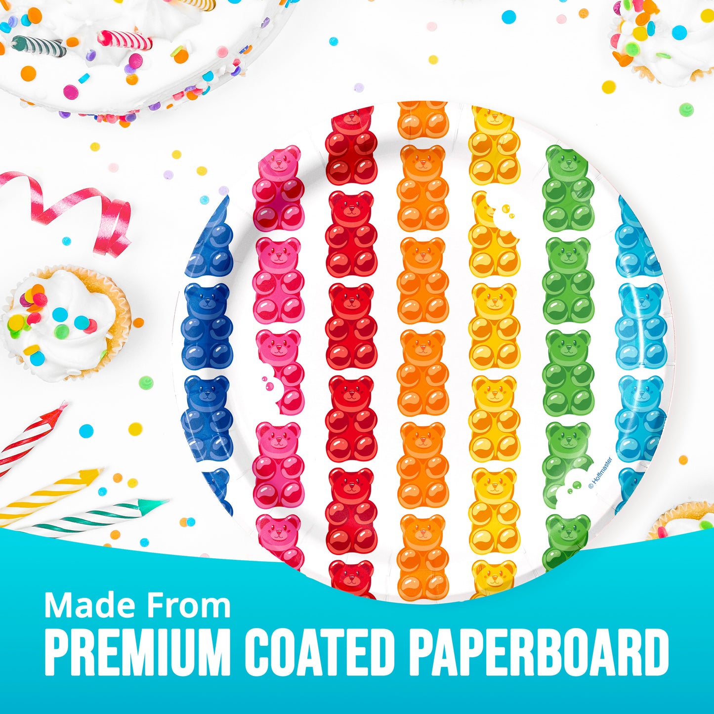 Colorful paper plates with gummy bear design on a white background, featuring text about premium coated paperboard.