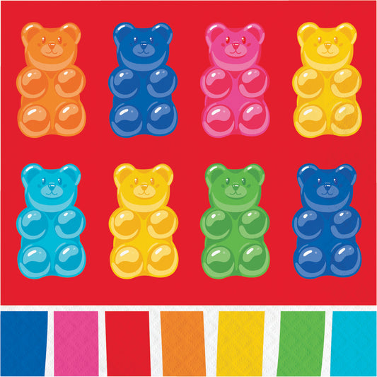 Napkin with colorful gummy bears on a red background and color swatches beneath