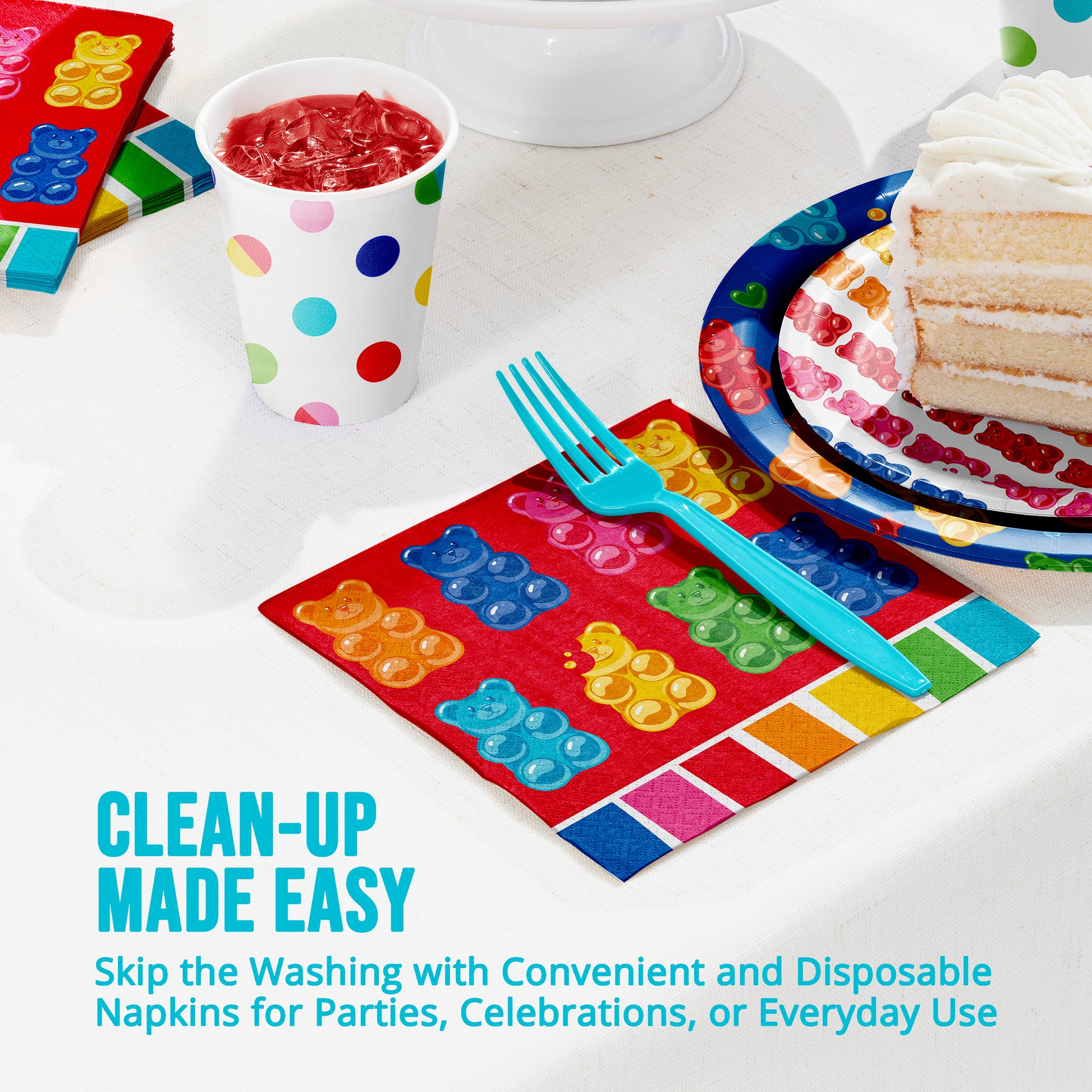 Colorful disposable tableware including plates, cups, and napkins on a white surface with "Clean-Up Made Easy" text