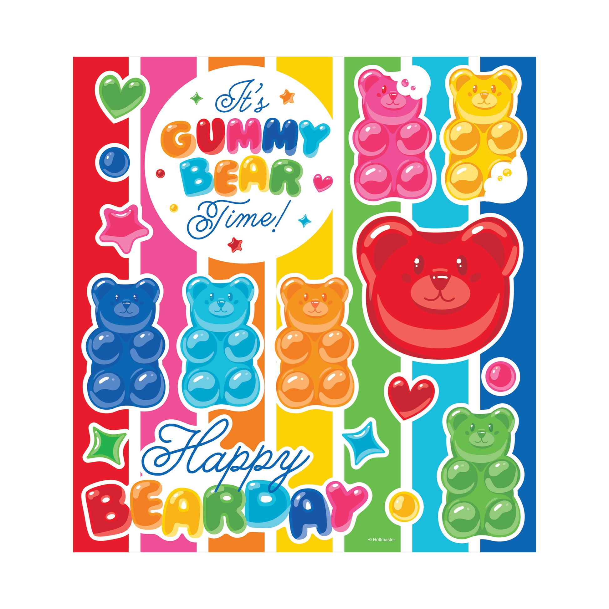 Colorful vinyl stickers with gummy bear illustrations and text on a white background