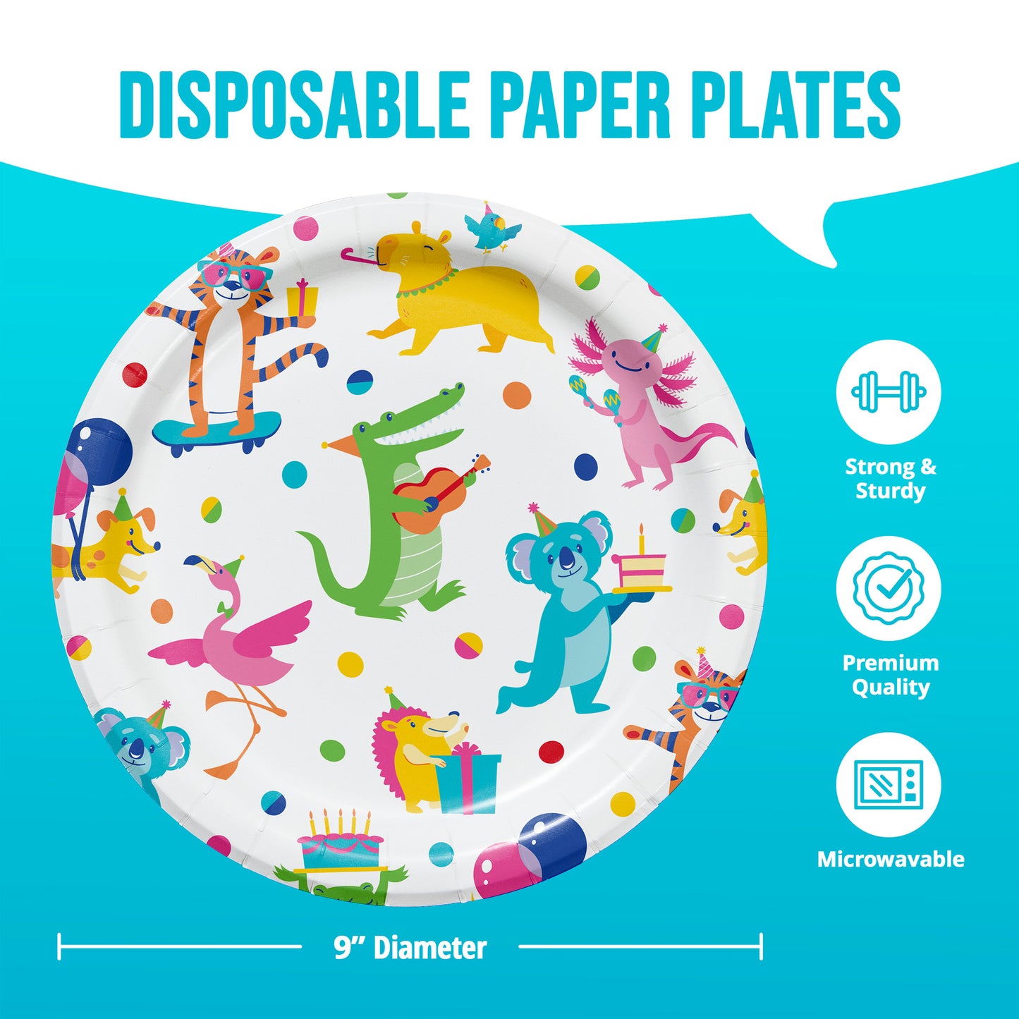Disposable paper plate with colorful animal design on a blue background with information and dimensions