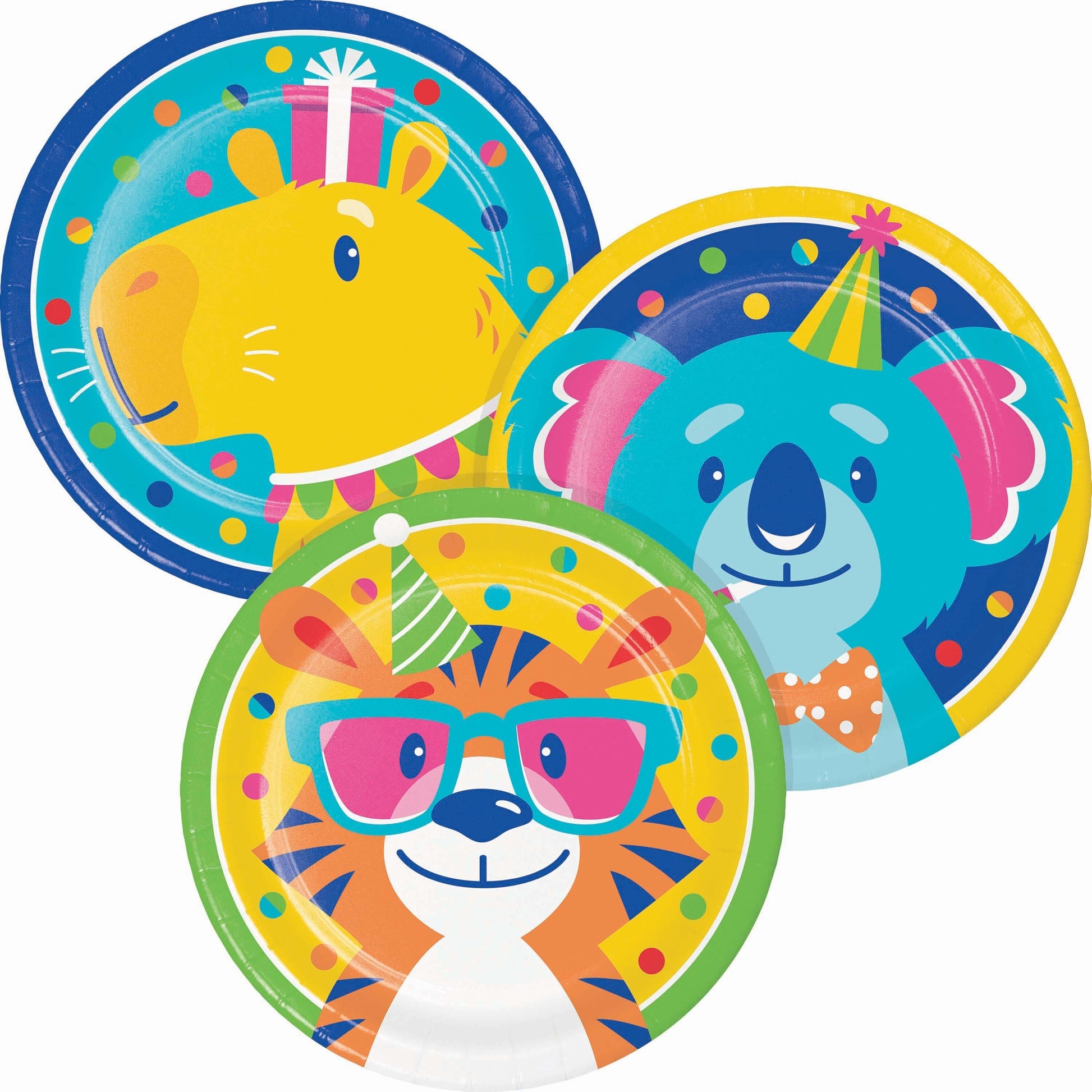 Three colorful paper plates with animal designs wearing party hats on a white background